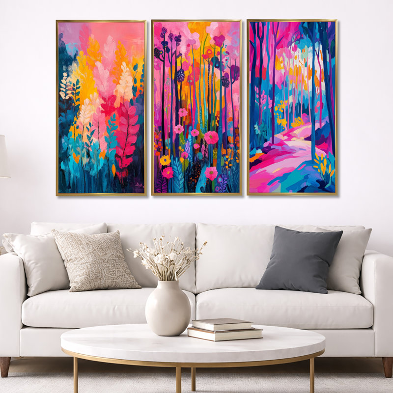 «Vibrant Forest Path - Fauvism», art mural encadré 3 pièces, H 32 po x l 48 po, Cadre flottant doré