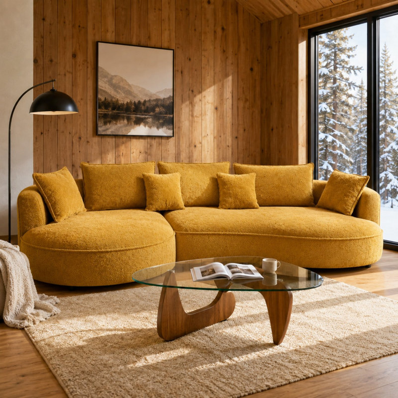 Mid-Century Modern Living Room Set: Curved Boucle Sectional Sofa (Yellow, Left-Facing Chaise) + Sculptural Glass Coffee Table With Wood Base