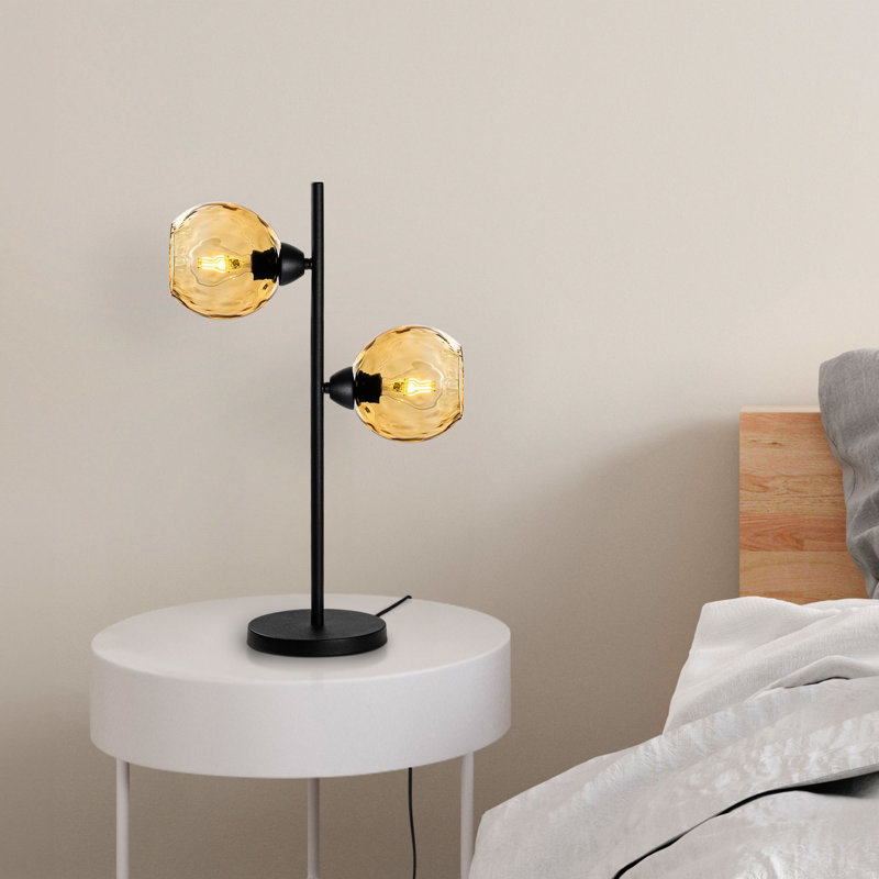 Industrial Metal Table Lamp, Black Finish, 14.2 x 7.1 x 22.8 inches | Glass Cap, Ø5.9 inches Base Plate, 2 x E27 Max 40W Socket (Bulb Not Included) | Stylish Lighting for Modern Home Décor, IP20 Rated