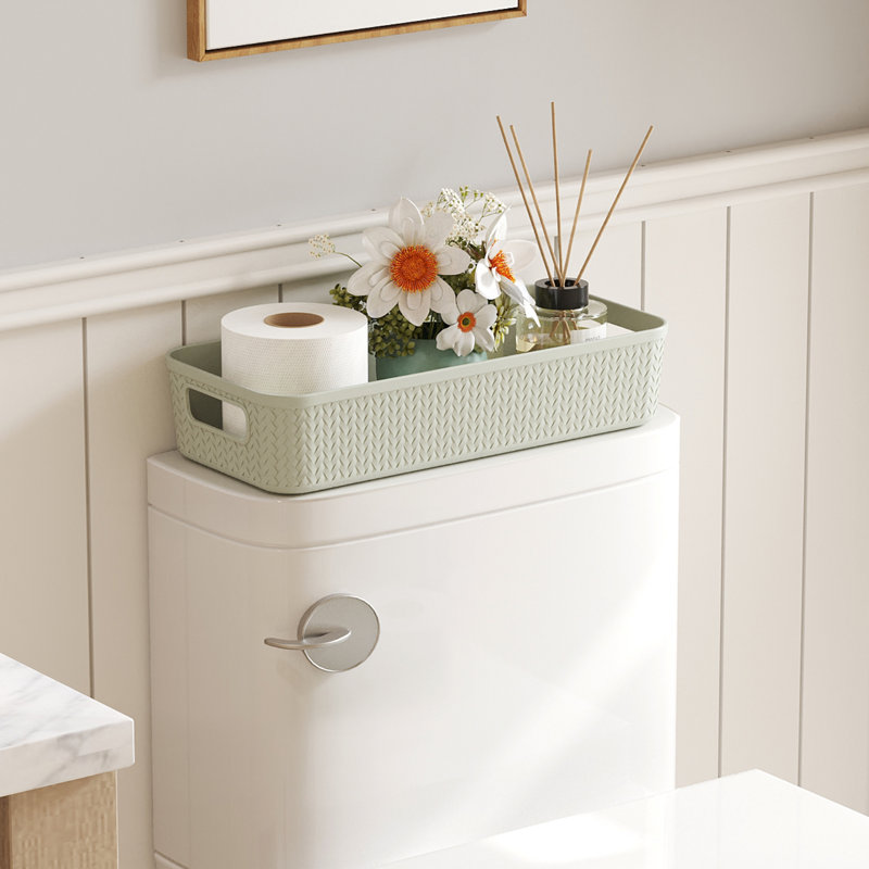 Toilet Paper Basket With Handle, Plastic Wicker Toilet Basket Tank Topper For Decor, Small Back Of Storage Organizer Bin For Bathroom