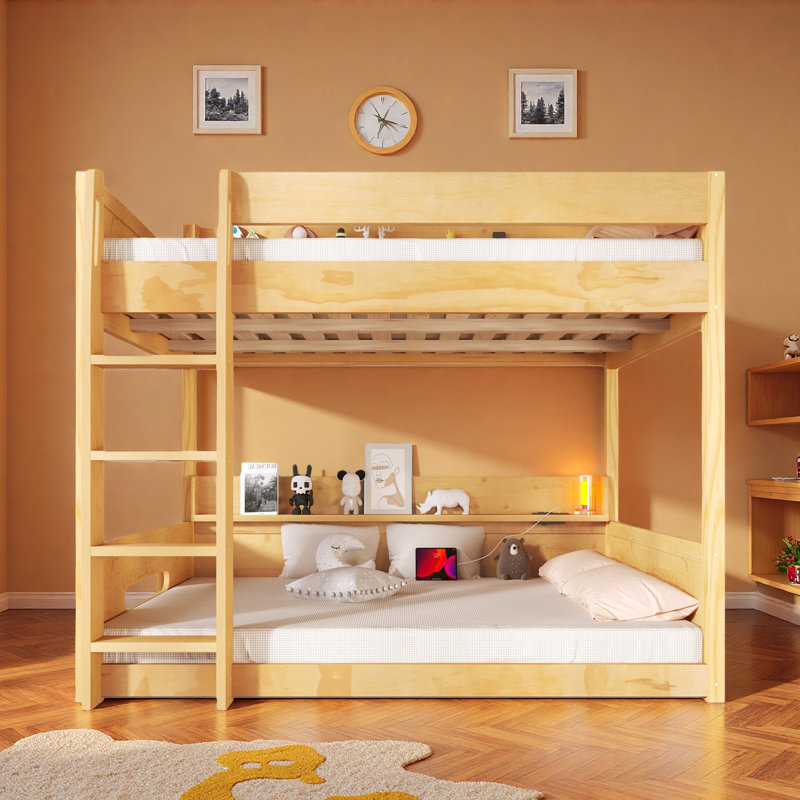 Lit superposé avec tablettes de rangement, ports USB et barrières de sécurité, Bois