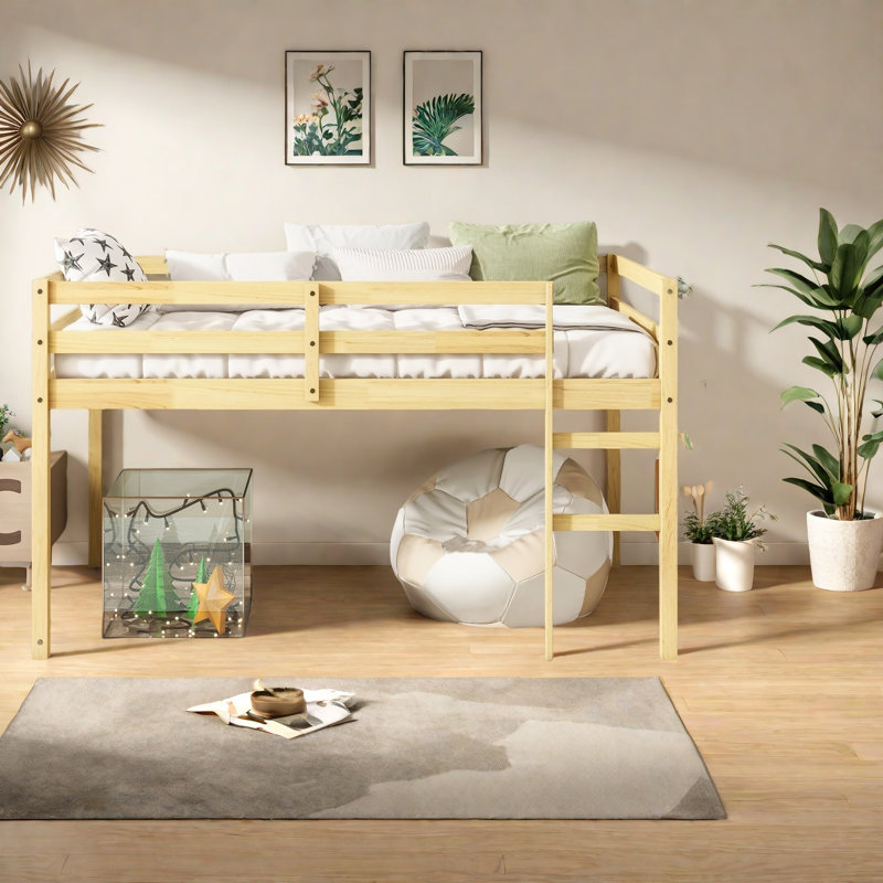 Solid Wooden, Rubber Wooden Twin Loft Bed With Ladder, Bed Platform Of Strengthened Slats, Natural