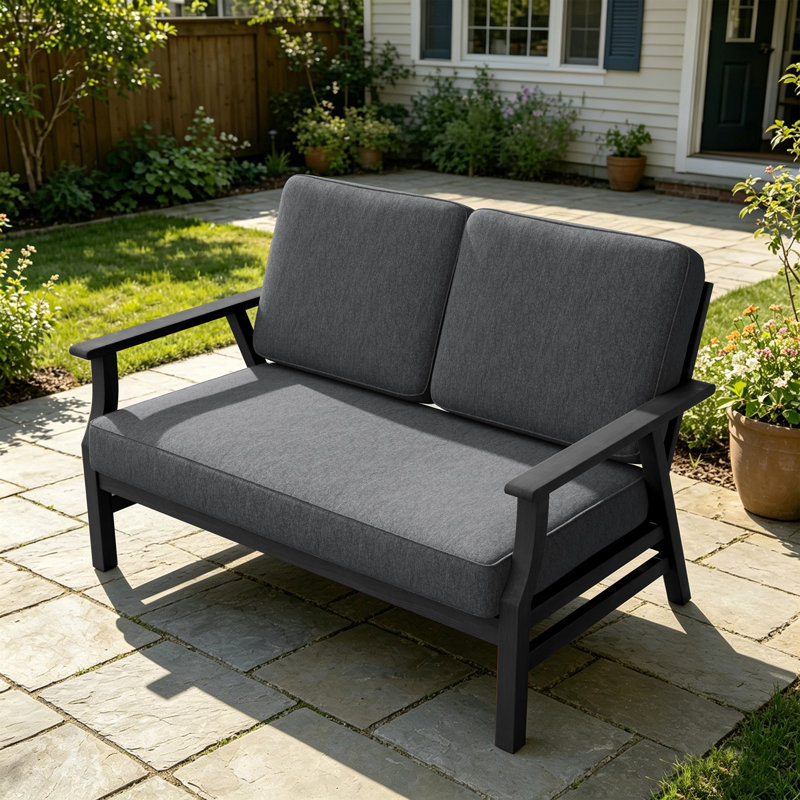 Causeuse d'extérieur en teck massif avec coussin et accoudoirs, Gris foncé, Noir