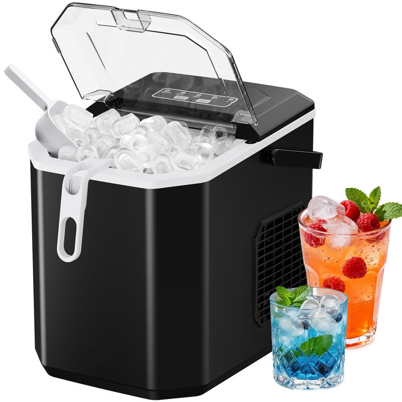 Comptoir de machine à glaçons, machine à glaçons à boules portatives avec poignée, machines à glaçons autonettoyantes avec panier et pelle, 9 cubes en 6 minutes, 26 livres par jour, machine à glaçons à pelle portable avec pelle pour la maison, la cuisine et le bureau