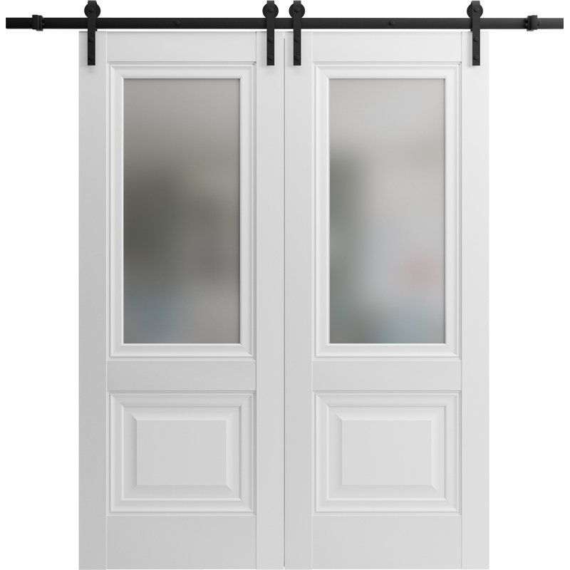 Porte de grange double robuste | Soie blanche Lucia 8822 avec verre givré | Ensemble lourd de cintres en acier inoxydable 13 pi | Portes intérieures solides