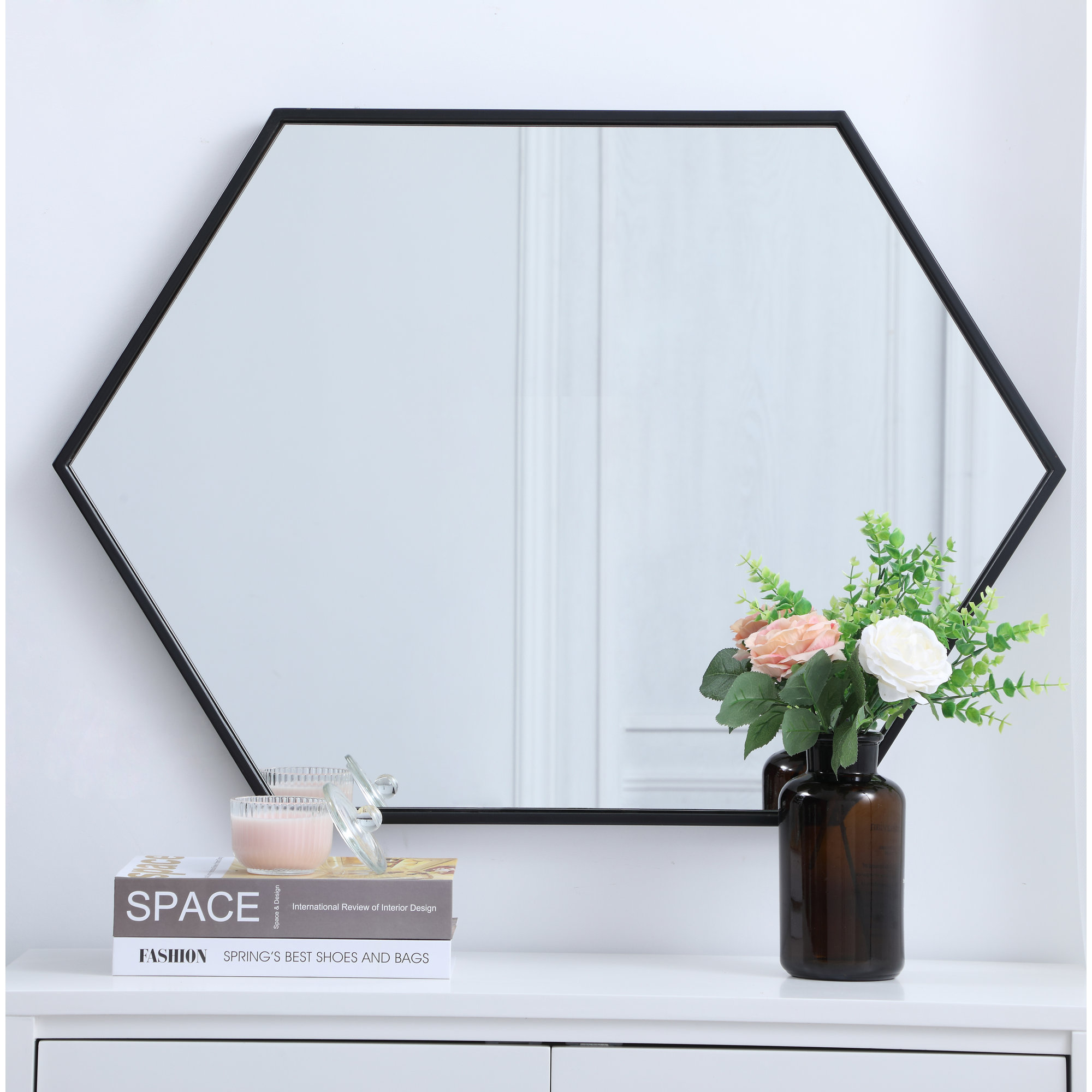 Sabine Metal Hexagon Wall Mirror, 35" x 41", Black
