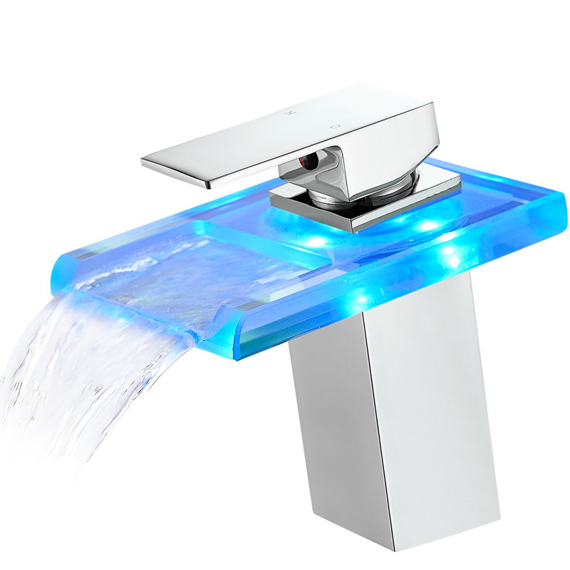 Robinet de salle de bain moderne avec DEL: bec de cascade à changement de couleur 3, fixation sur le comptoir, un trou, évier contemporain à mélange d'eau chaude et froide
