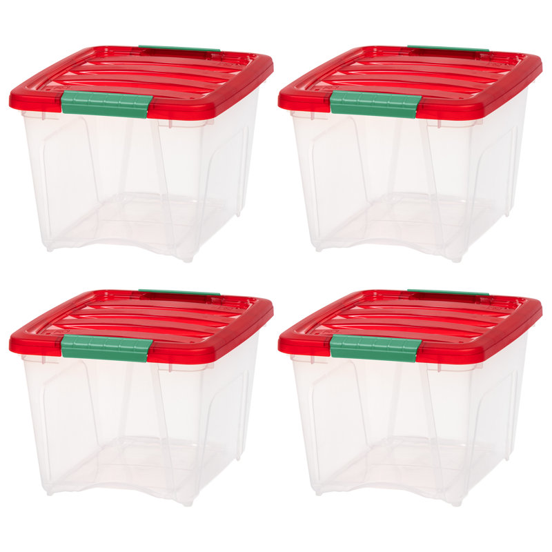 IRIS 19 Qt. Holiday Storage Buckled Clear Box, Clear Body With Red Lid & Elf Green Buckles (4-pack), 19
