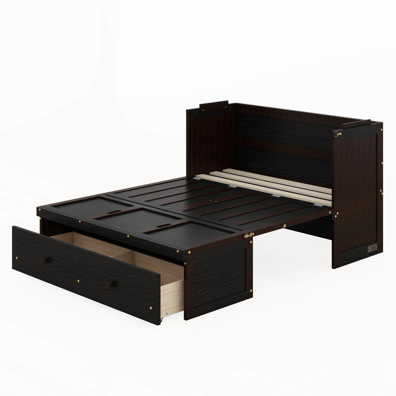 Armoire murale Murphy, commode murale en pin massif avec port USB, station de charge et grand tiroir de rangement, Espresso