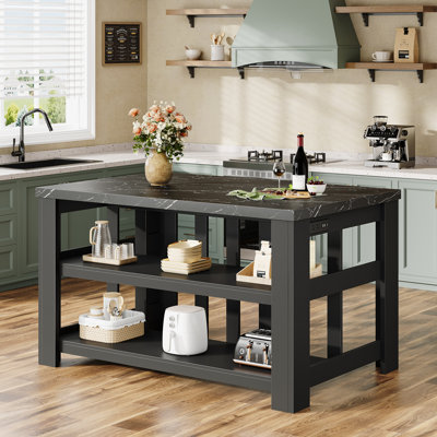 DynJest Kitchen Island with Power Outlet, Black Faux Marble Countertop, 2 Tier Open Storage Shelves, Freestanding Kitchen Prep Table for Dining Room