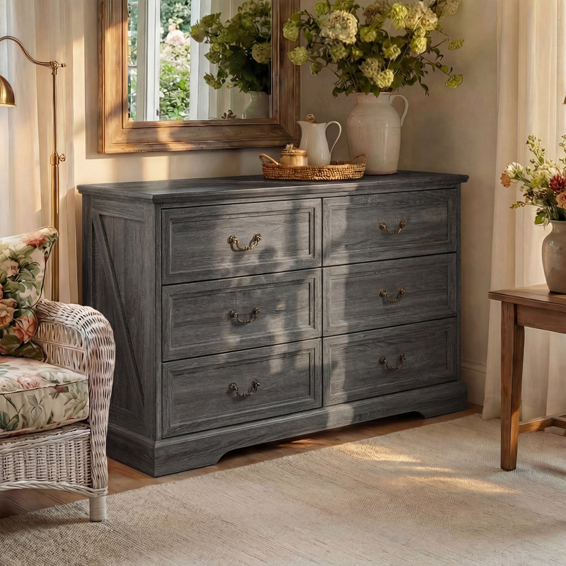 6-Drawer Accent Chest With Anti-Tip & Bronze Pulls, Gray wood Grain