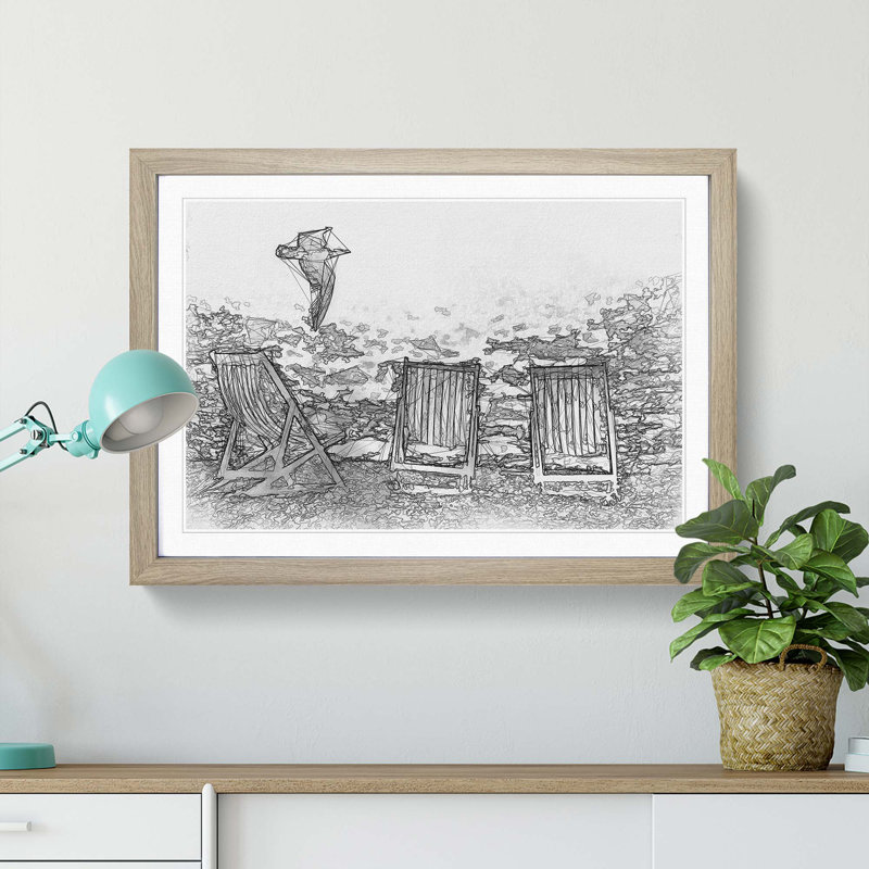 Seagull Flying over Brighton Beach in Abstract - Picture Frame Graphic Art Print, Oak, 60cm H x 91cm W x 2cm D