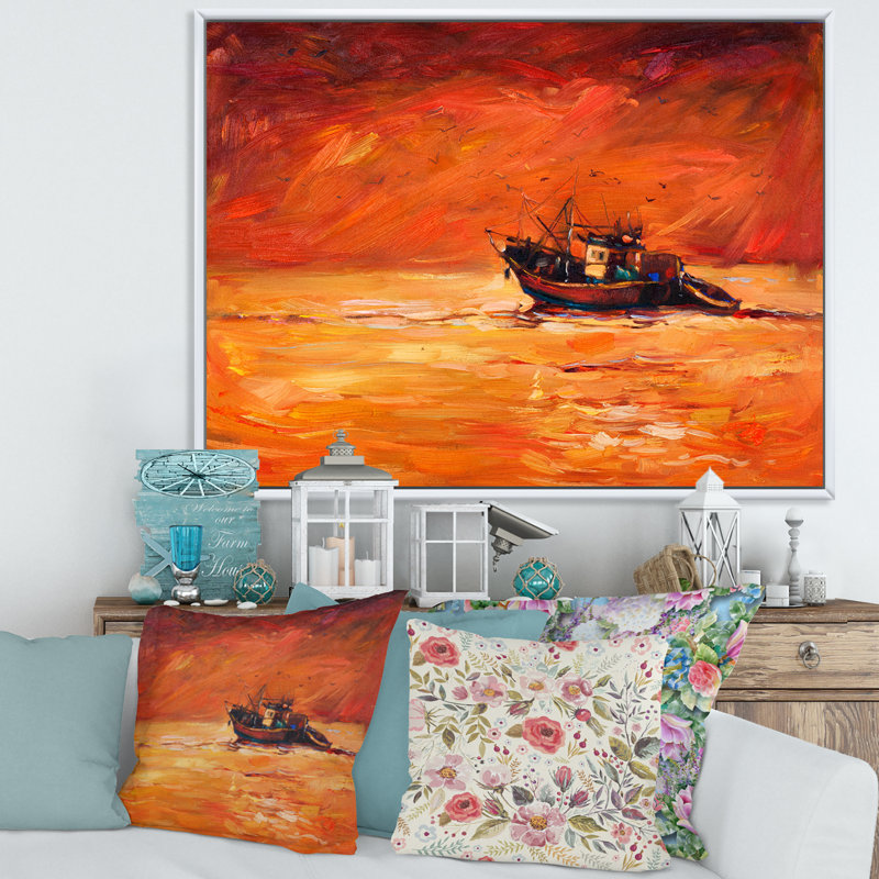 Bateau de pêche pendant la soirée - peinture sur toile, H 30 po x l 40 po x 1,5 po, Cadre flottant blanc