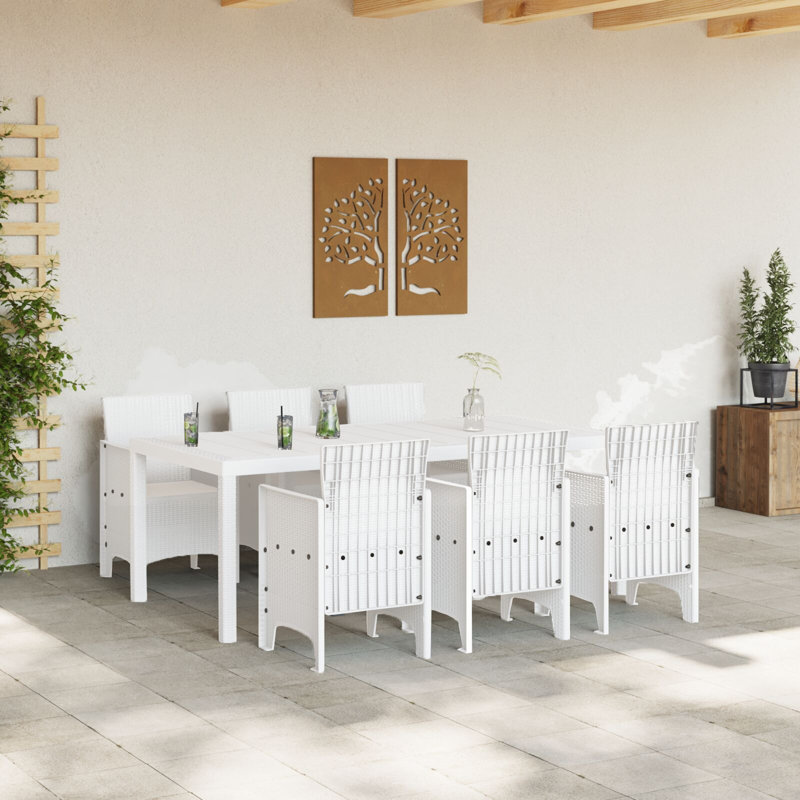 7 Piece Garden Dining Set Poly Rattan, 73cm H x 200cm W x 100cm D, White