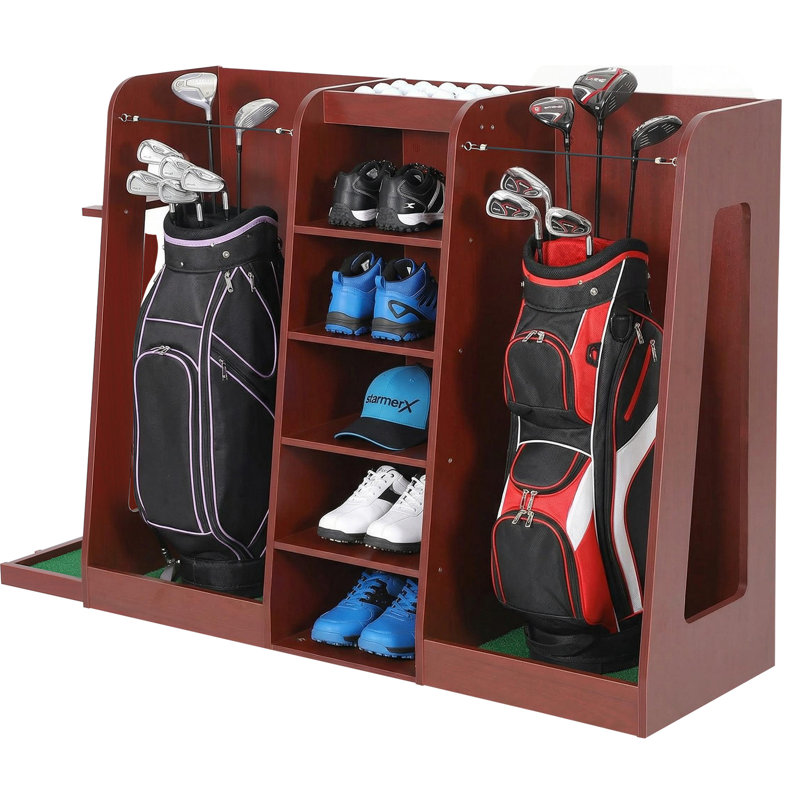 Wooden Golf Bag Organizer Rack, Golf Club Storage Stand with Side Holders, Multi-Compartment Golf Equipment Storage for Garage, Basement or Home