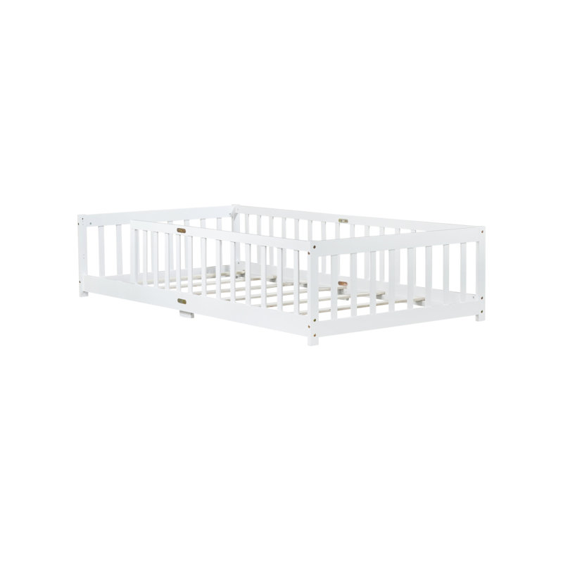 Lit de plancher avec clôture sans porte, lit de plancher en bois d'hévéa avec barrières de sécurité, Blanc