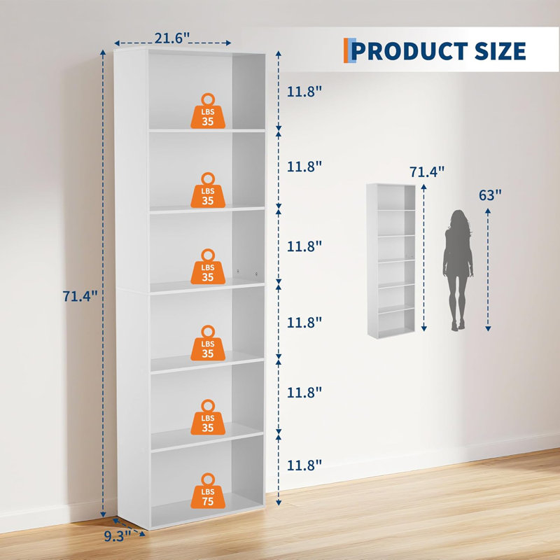 181.4cm H x 54.9cm W Bookcase, White