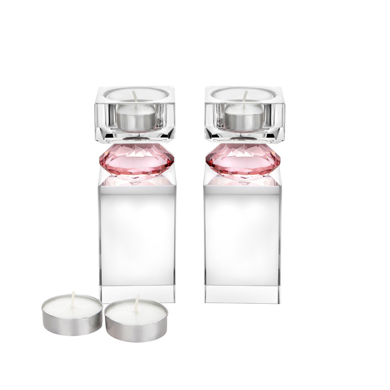 Set Of 2 Tall Tea Light Candle Holders With Pink Diamond On Foot - 2" X 2" X 5.6"H, Pink