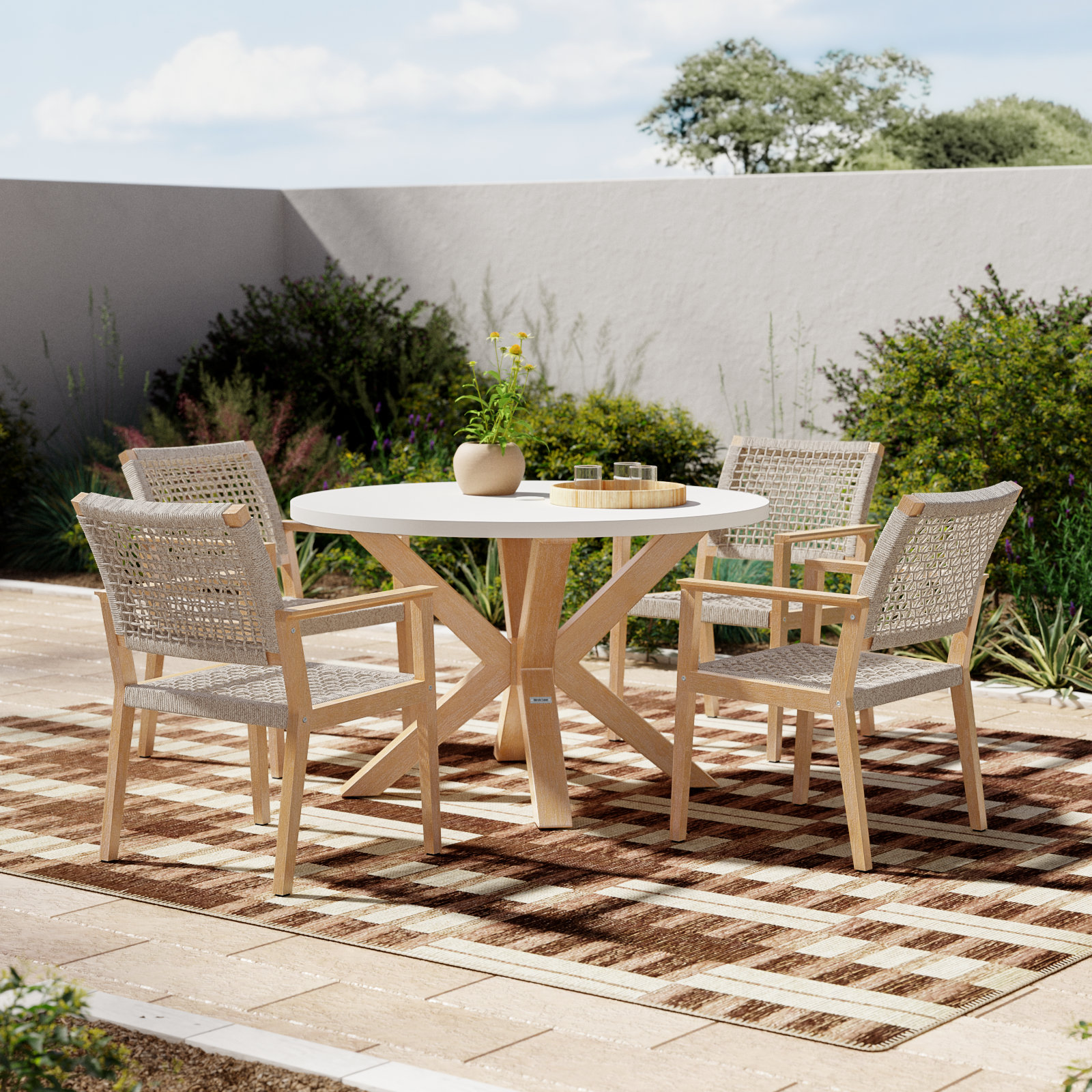 Fleur 5 Piece Eucalyptus Dining Set with Nautical Rope Chairs