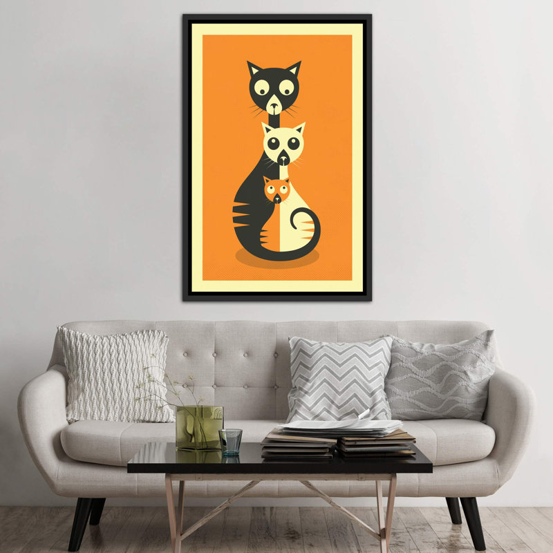 Décoration murale chats assis, H 60 po x l 40po x P 1,5 po, Toile avec cadre noir patiné