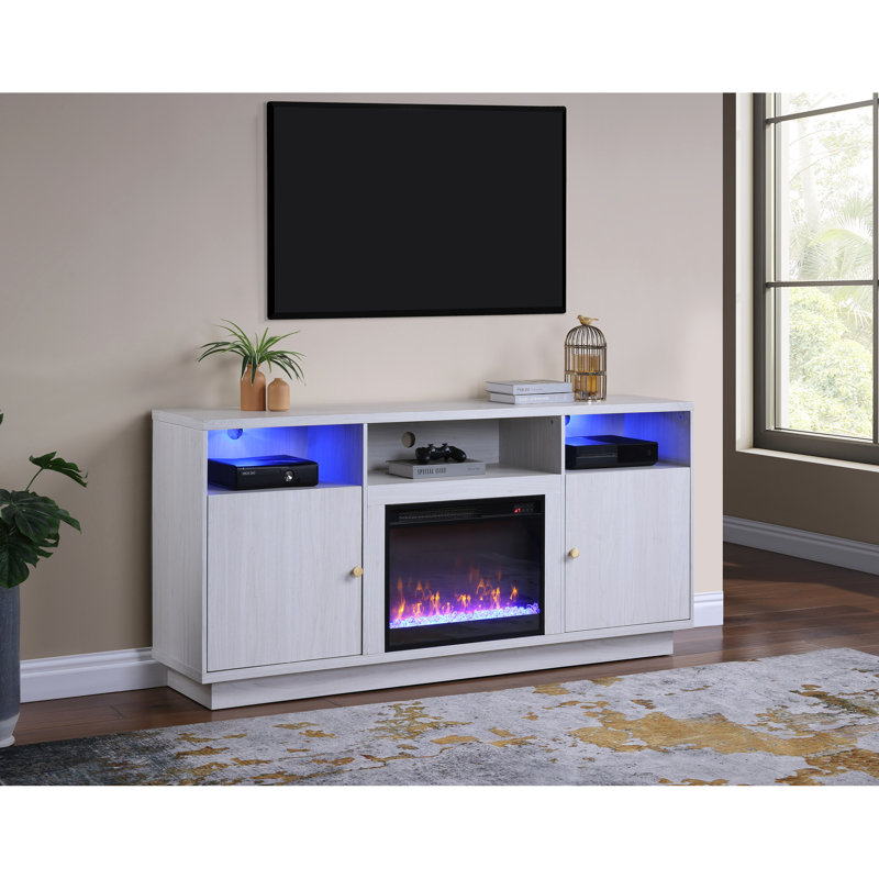 70-Inch Wide White Walnut Finish Fireplace Console For Large Tvs, Heater, Multiple Color Settings, 3 Shelves And 2 Storage Cabinets Tv Stand, Flame Colors, Open