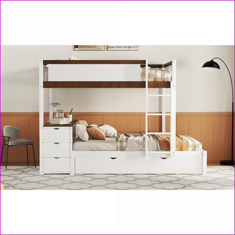 Full-Over-Full Bunk Bed with Twin Trundle, Storage Desk &amp; USB Outlets – White+Walnut Pinewood Frame