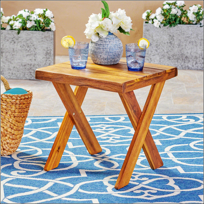 Rustic Sandblast Finished Acacia Wood Side Table With Classic Cross Base For Outdoor Use
