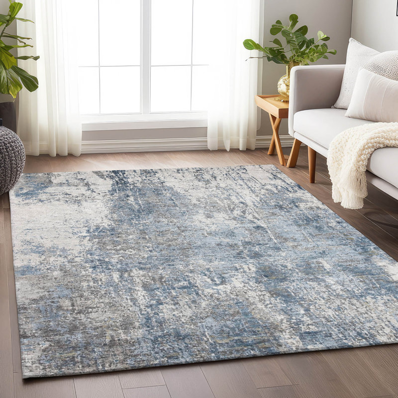 Tapis bleu intérieur / extérieur lavable à la machine Xhevrie, Rectangle 9 pi x 12 pi