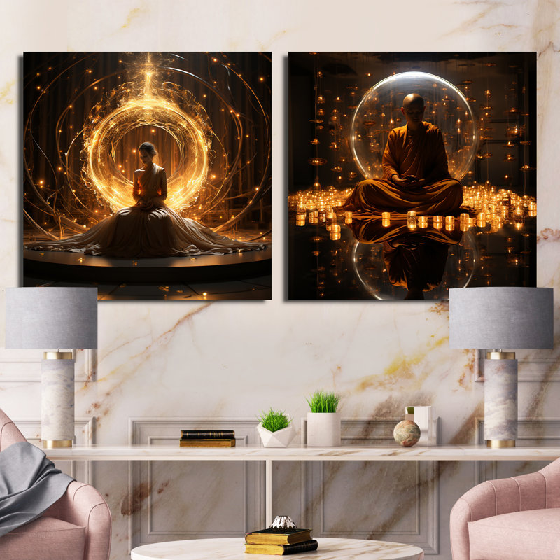 Enlightenment Glow - bouddhisme carré ensemble de 2 collages, H 36 po x l 73 po, Toile tendue
