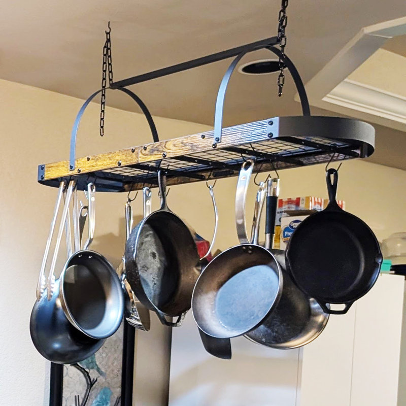 Support à casseroles de 23,6 po avec tablette en maille - Organisateur de batterie de cuisine à 9 crochets, capacité 50 lb