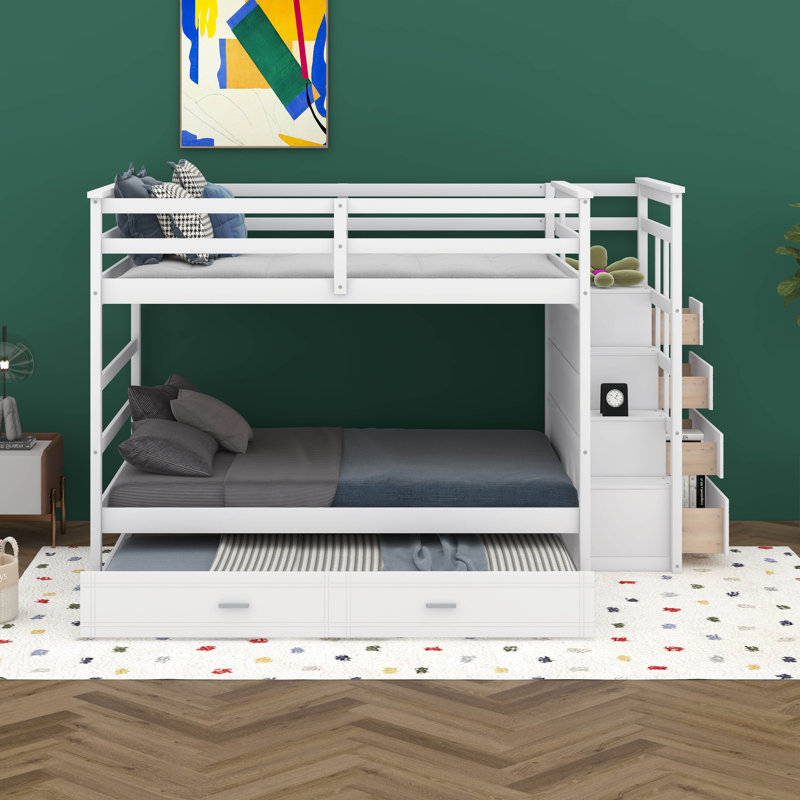 Lit superposé double au-dessus de double avec lit gigogne et tiroirs Henig Kids, Blanc
