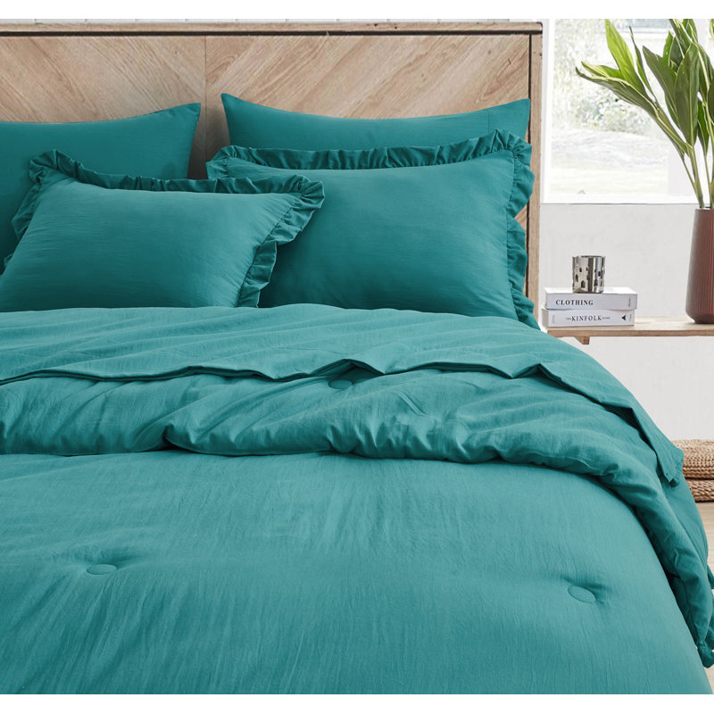 Ruffled Edge Microfiber Bed in a Bag Comforter Set, Teal, Oversized Queen Comforter + 6 Additional Pieces