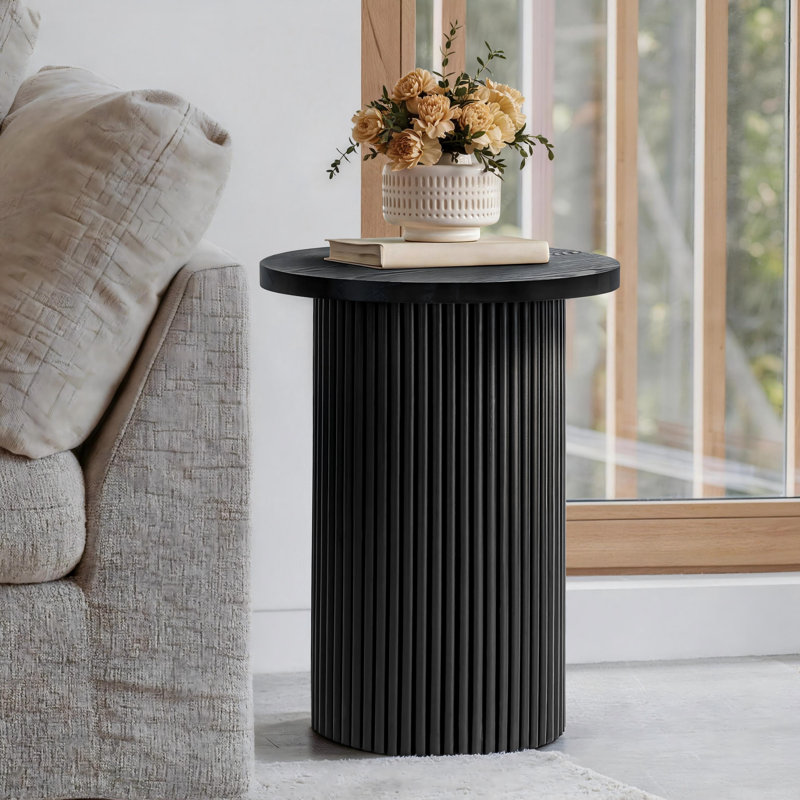 Tierra 43x56cm Solid Wood End Table Pedestal Round Small Sofa Table, Black