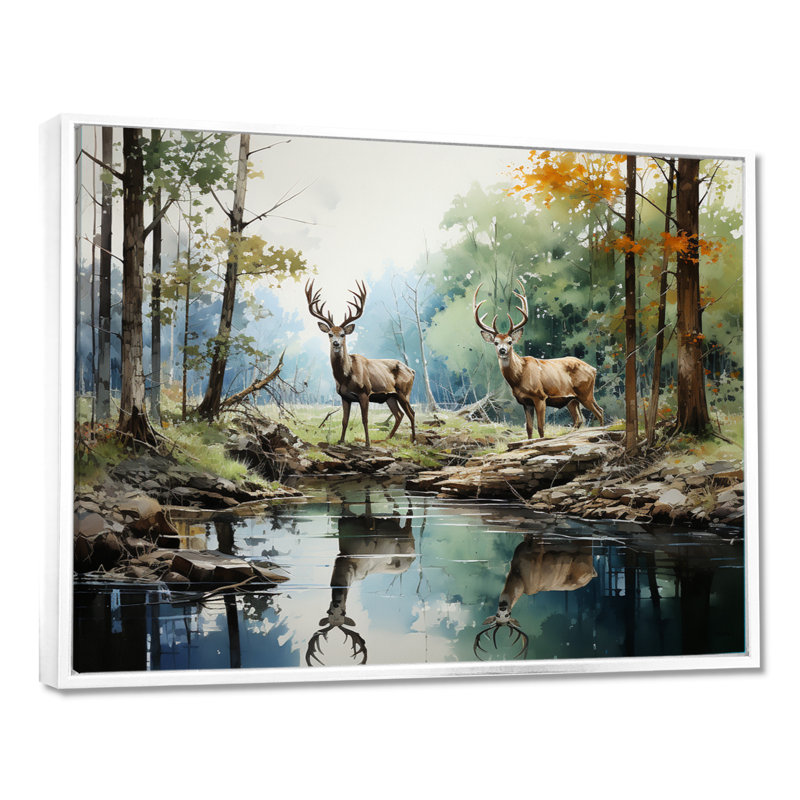 «Deer Majestic Reflections - Deer», reproduction d'art sur toile encadrée, H 34 po x l 44 po x P 1,5 po, Cadre flottant blanc