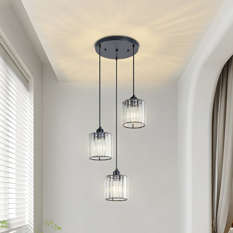 Matte Black 3-Light Clear Crystal Cluster Pendant Light For Kitchen Island