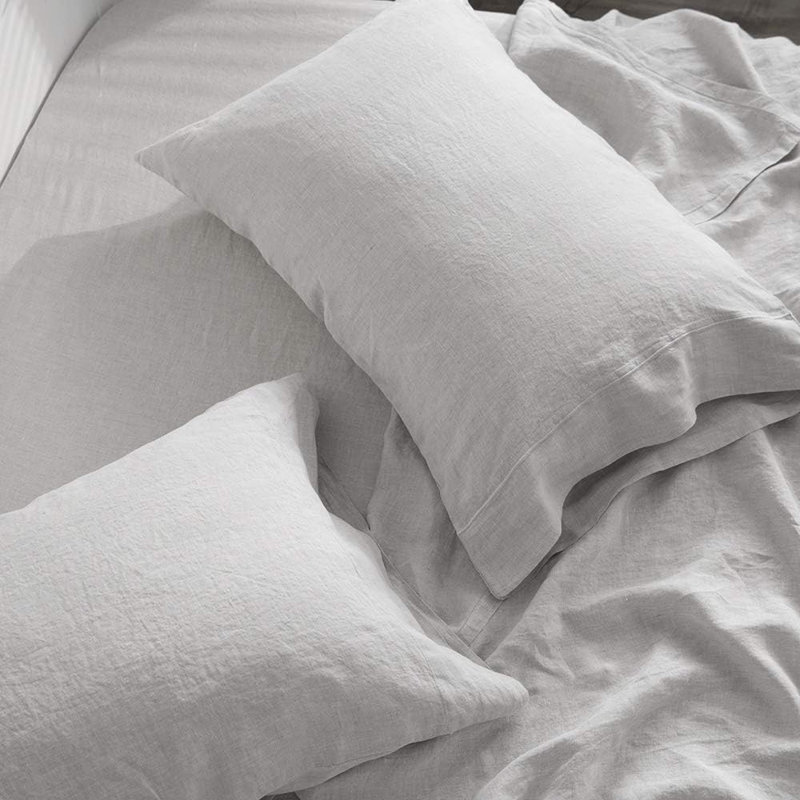 100% French Linen Pillowcase Set Of 2- Washed Solid Color Pillow Cases Embroidered, Gray, Queen Pillow Case