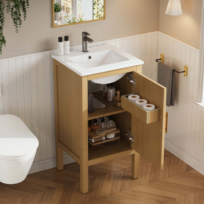 Bathroom Cabinet with Ample Storage,Ceramic Sink,Adjustable Shelf,for Small Spaces