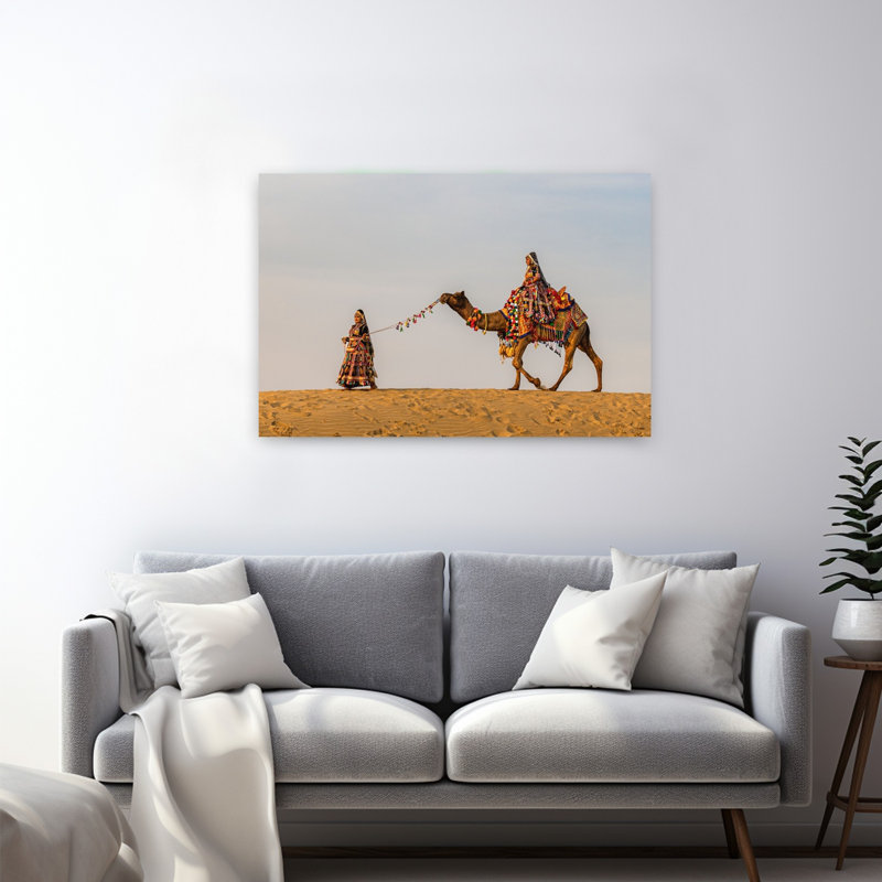 «Traditional Desert Camel Ride Colorful Peaceful Serene Landscape Nature», reproduction d'art murale, H 32 po x l 48 po