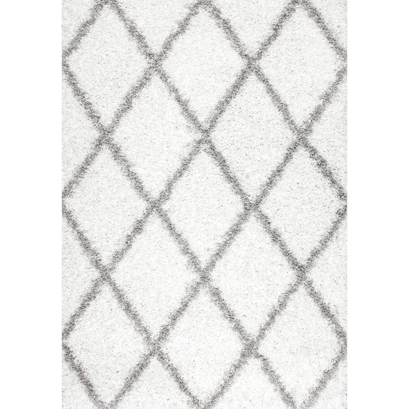 Tapis blanc à poil long à motif marocain performance Darryll, Carré 10 pi