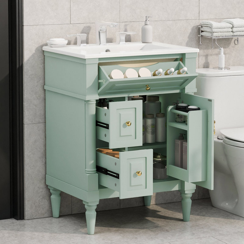 Meuble-lavabo autoportant vert 24 po avec lavabo en céramique, 3 tiroirs et tablette réglable, Vert