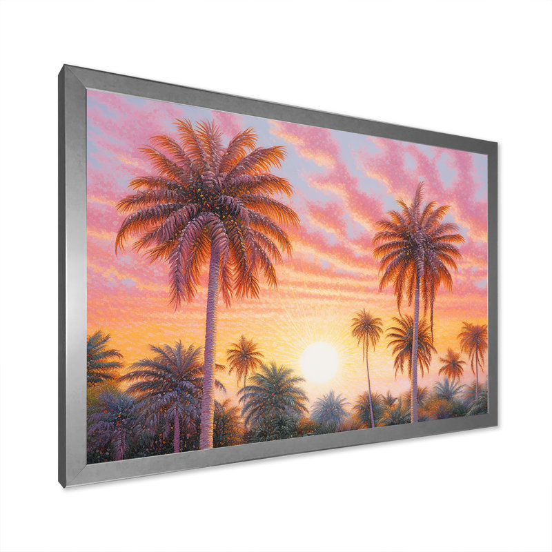 Rose radiance coucher de soleil palmiers V, H 30 po x l 40 po x P 1,5 po, Cadre photo argenté