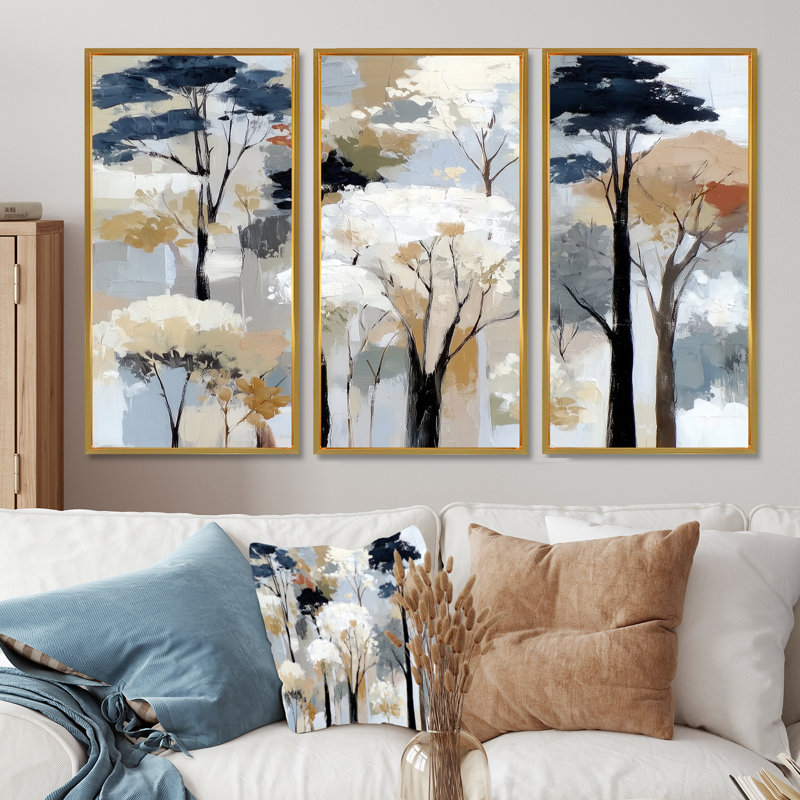 «White and Black Birch Trees Forest Panorama», ensemble de reproductions d'art mural grand bouleau, H 32 po x l 48 po, Doré