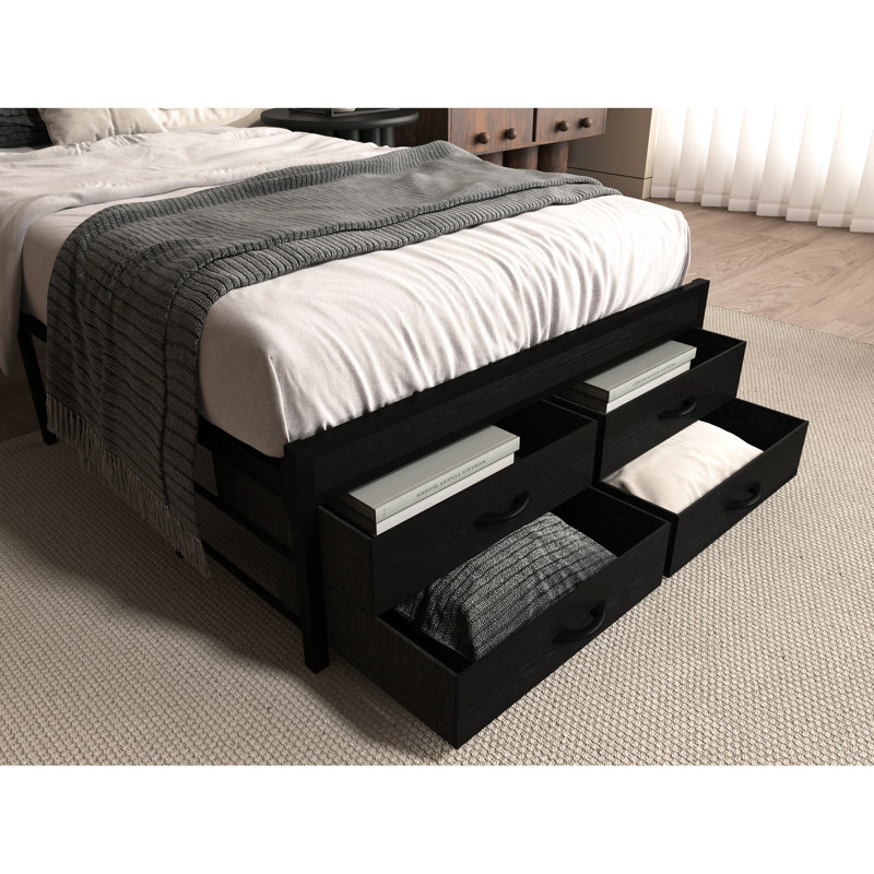 Structure de lit simple en métal noir avec rangement et alimentation électrique