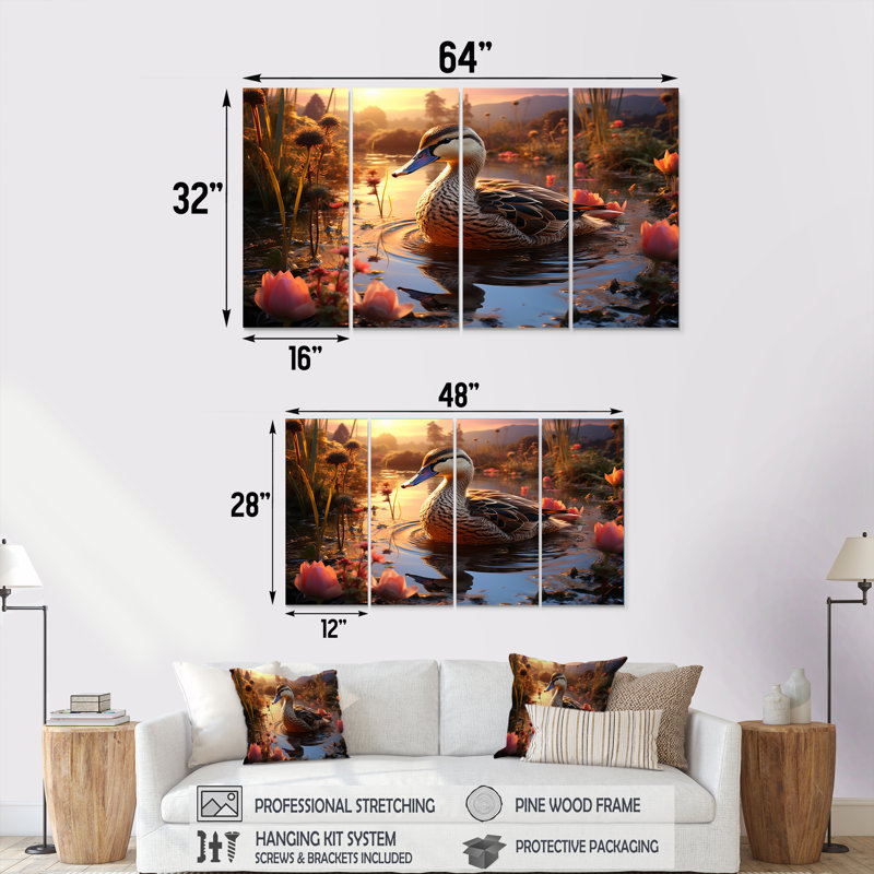 «Brown Duck Feathered Floral Elegance» - ensemble d'art mural 4 pièces canard, H 28 po x l 48 po