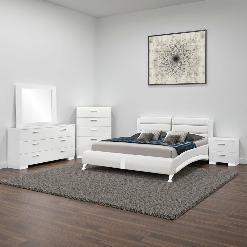 Ensemble de chambre à coucher 5 pièces Zor, Blanc/chrome, Grand lit