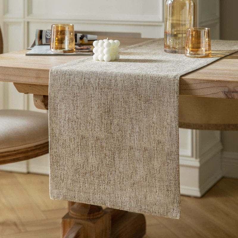 Oatmeal Beige Rustic Polyester Farmhouse Table Runner, 14x90 Inches