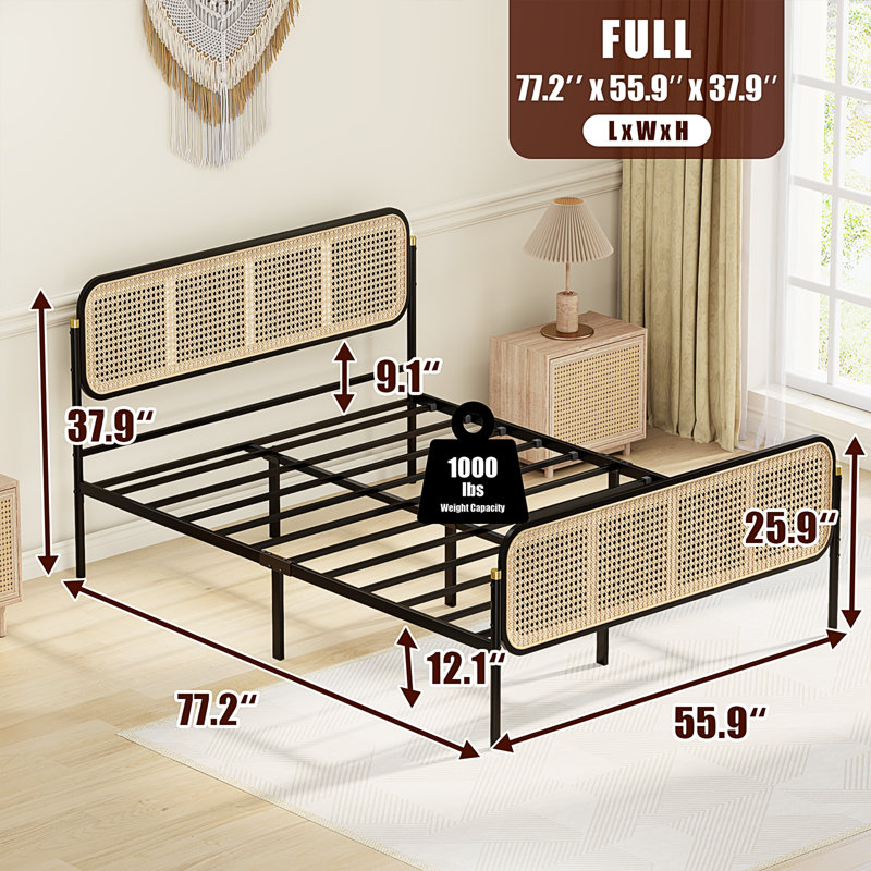 Ceira Rattan Bed Frame With Headboard, Boho Bed Frame Platform, Full