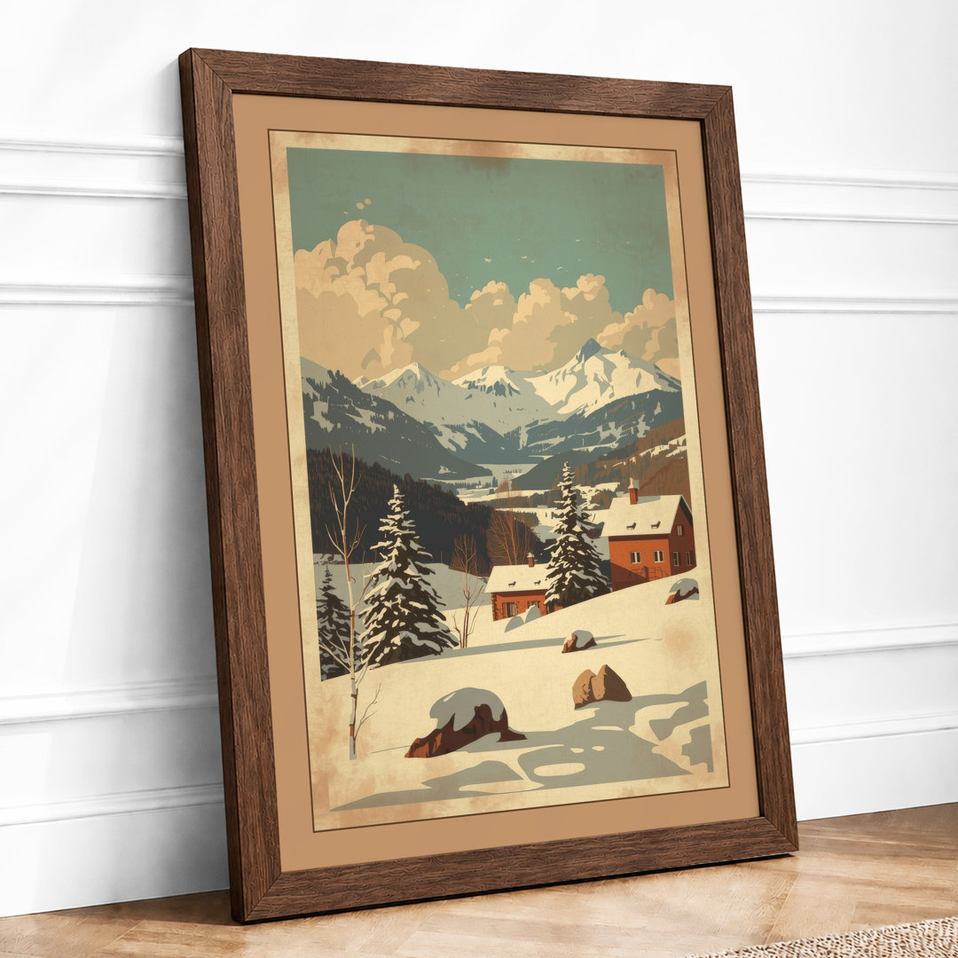 Red Barn in Winter Vintage Framed Art Print