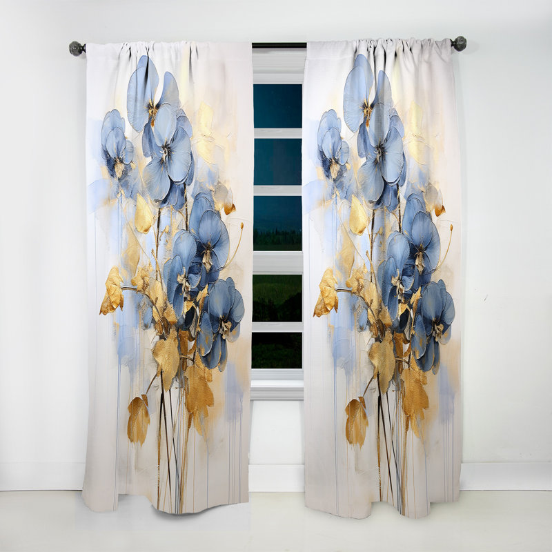Dylnn Blue and Gold Minimalism Violets I - Traditional Velvet Curtain - Room Darkening - 1 Panel, 52" W x 90" L