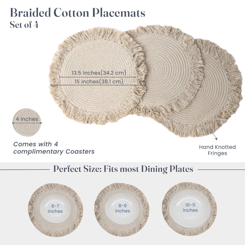 Napperon en coton avec franges en coton et ivoire - ensemble de 4